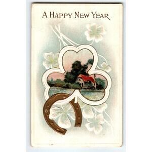 New Year Greetings Postcard Horse Shoe Shamrocks Cottage Meeker Embossed 1911